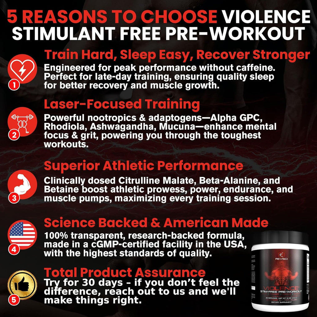 VIOLENCE Stim Free Pre Workout Powder by REVSCI, Precision Dosed Non Stim Preworkout Pump Pre Workout Caffeine Free Pre Workout Powder, Pump Supplement & Stimulant Free Nitric, Watermelon, 25 Servings