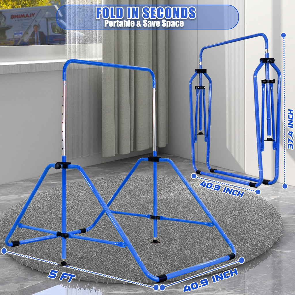 MARFULA Foldable Gymnastic Bar for Kids Ages 3-9, 9 Height Levels, 200 lbs Weight Capacity, 5 Ft Length Gymnastic Kip Bar with Mat, Gymnastic Equipment for Home and Gym Center Indoor Outdoor Use