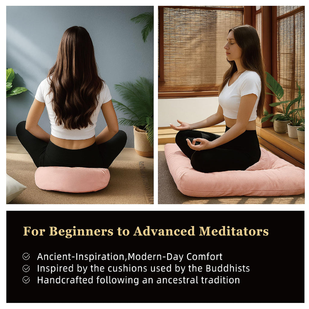 Meditation Zafu Cushion Set with Buckwheat Hulls & Memory Foam - Ergonomic Support for Yoga & Sitting - Removable Machine-Washable Luxury Velvet Cover - for Adults and Kids (Blue)