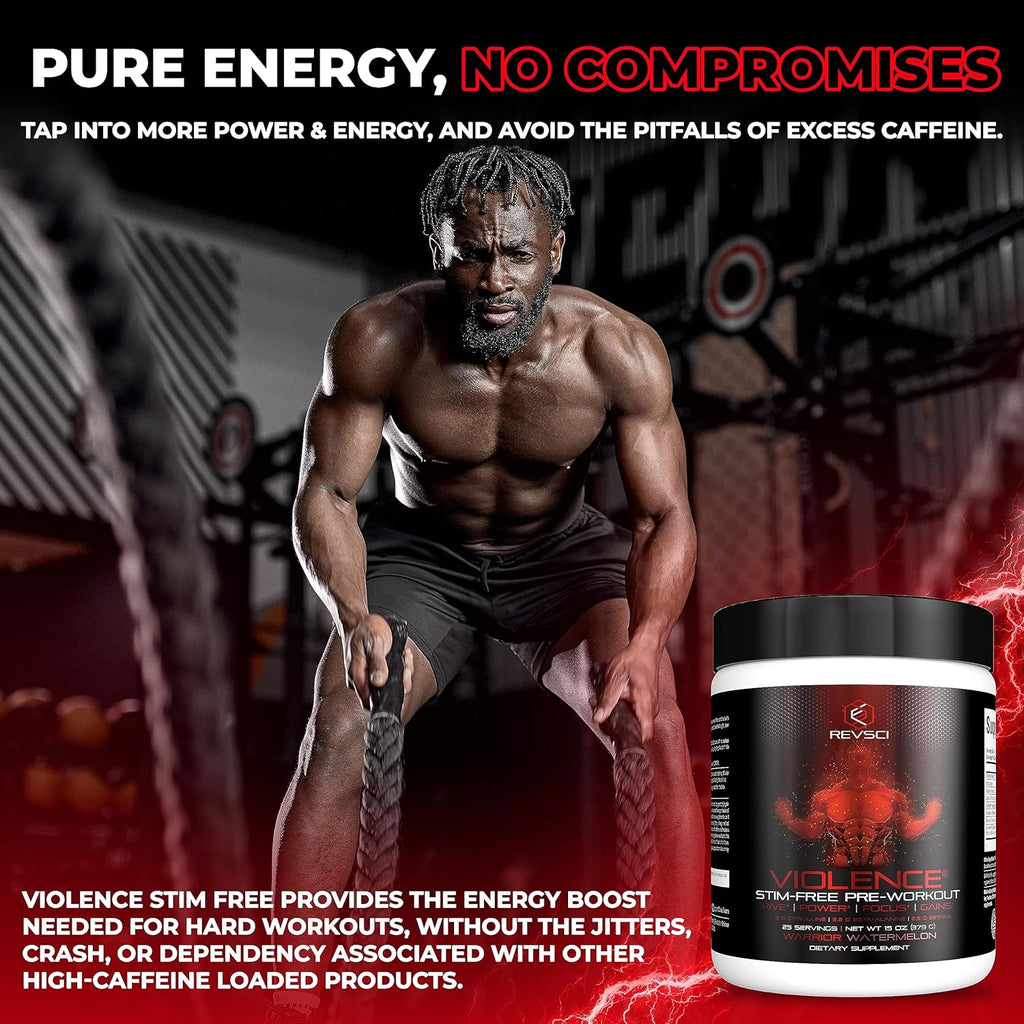 VIOLENCE Stim Free Pre Workout Powder by REVSCI, Precision Dosed Non Stim Preworkout Pump Pre Workout Caffeine Free Pre Workout Powder, Pump Supplement & Stimulant Free Nitric, Watermelon, 25 Servings