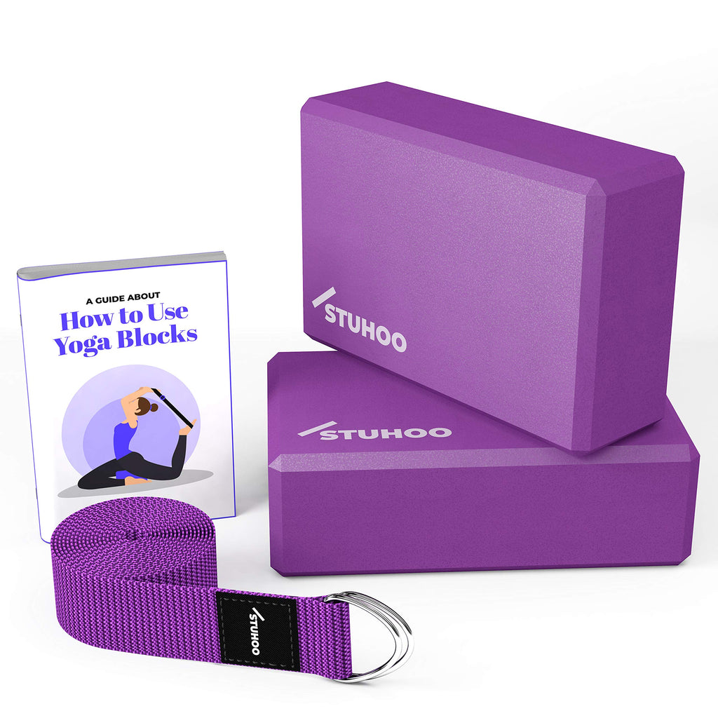 STUHOO Yoga Blocks 2 pack and Yoga Strap Includes Descriptive E-book for Beginners Sturdy Yoga Brick & Lightweight Eva Foam Block Support Deepen Poses, Provides Strength & Stability for Pilates Practice