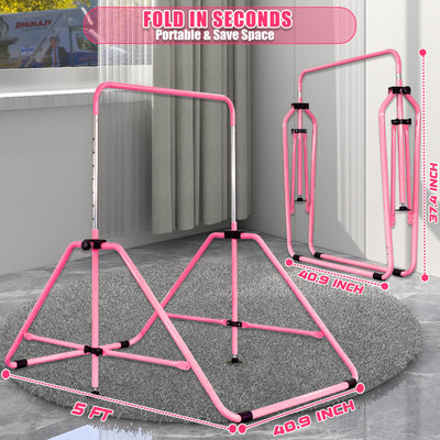 MARFULA Foldable Gymnastic Bar for Kids Ages 3-9, 9 Height Levels, 200 lbs Weight Capacity, 5 Ft Length Gymnastic Kip Bar with Mat, Gymnastic Equipment for Home and Gym Center Indoor Outdoor Use