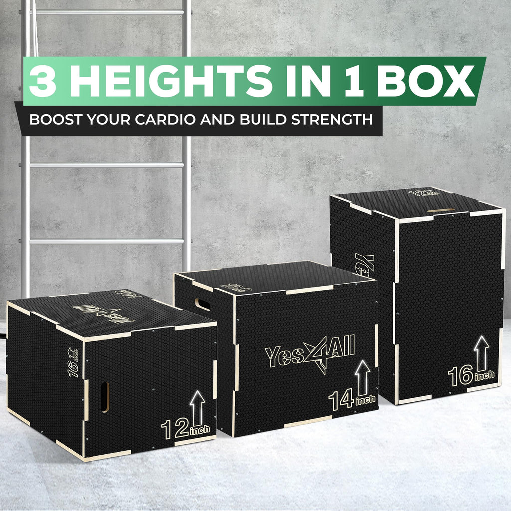 Yes4All 3 in 1 Non-Slip Wooden Plyo Box, Step Up Box for Workout, Plyometric Jump Box for Skipping, Jumping, Lunges, Squats, Dips