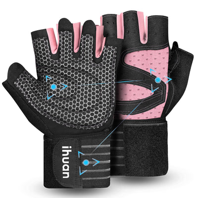 ihuan Ventilated Weight Lifting Gym Workout Gloves with Wrist Wrap Support for Men & Women, Full Palm Protection, for Weightlifting, Training, Fitness, Hanging, Pull ups