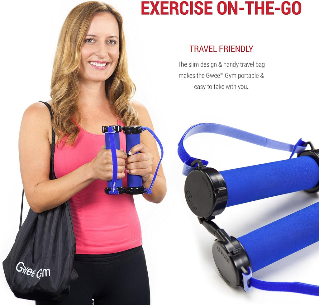 Gwee Gym - Resistance Bands Exercise Kit, LITE, Blue Exercise Bands, Build Lean Muscle with Workout Bands, Easily Portable, Includes an Accessory Kit, DVD, Travel Bag & Healthy Eating e-Book