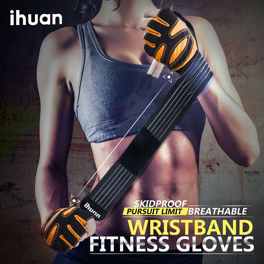 ihuan Ventilated Weight Lifting Gym Workout Gloves with Wrist Wrap Support for Men & Women, Full Palm Protection, for Weightlifting, Training, Fitness, Hanging, Pull ups