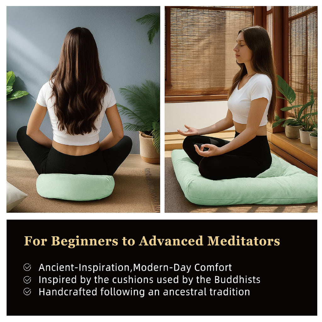 Meditation Zafu Cushion Set with Buckwheat Hulls & Memory Foam - Ergonomic Support for Yoga & Sitting - Removable Machine-Washable Luxury Velvet Cover - for Adults and Kids (Blue)