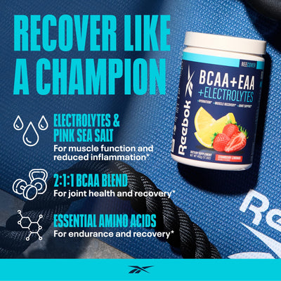 Reebok REECover Amino Acids + Electrolytes | 8g EAAs, 5g BCAAs, Hydration Matrix | Muscle Recovery, Strength | Post-Workout Support | 30 Servings | Strawberry Lemonade