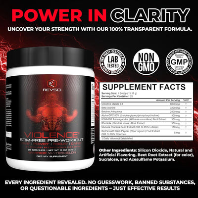 VIOLENCE Stim Free Pre Workout Powder by REVSCI, Precision Dosed Non Stim Preworkout Pump Pre Workout Caffeine Free Pre Workout Powder, Pump Supplement & Stimulant Free Nitric, Watermelon, 25 Servings