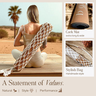 Premium Cork Yoga Mat Large 72"x26" – 5mm Thick Natural Rubber Cushioning - Non Slip Grip for Hot Yoga - Optional Alignment Lines & Elegant Yoga Bag Or Strap