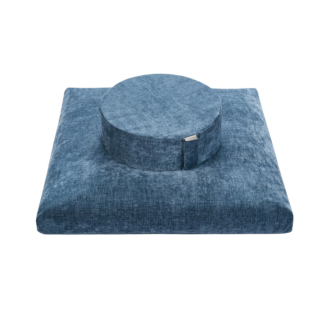 Meditation Zafu Cushion Set with Buckwheat Hulls & Memory Foam - Ergonomic Support for Yoga & Sitting - Removable Machine-Washable Luxury Velvet Cover - for Adults and Kids (Blue)