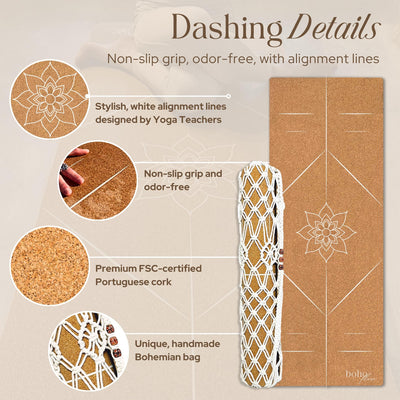 Premium Cork Yoga Mat Large 72"x26" – 5mm Thick Natural Rubber Cushioning - Non Slip Grip for Hot Yoga - Optional Alignment Lines & Elegant Yoga Bag Or Strap