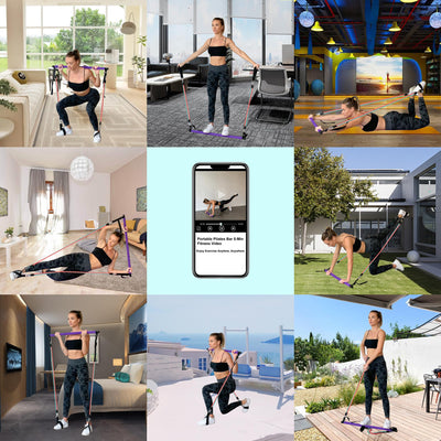Portable Pilates Bar Kit with Resistance Bands for Men and Women - 3 Set Exercise Resistance Bands - Multifunctional Home Gym - Supports Full-Body Workouts – with Fitness Poster and Video