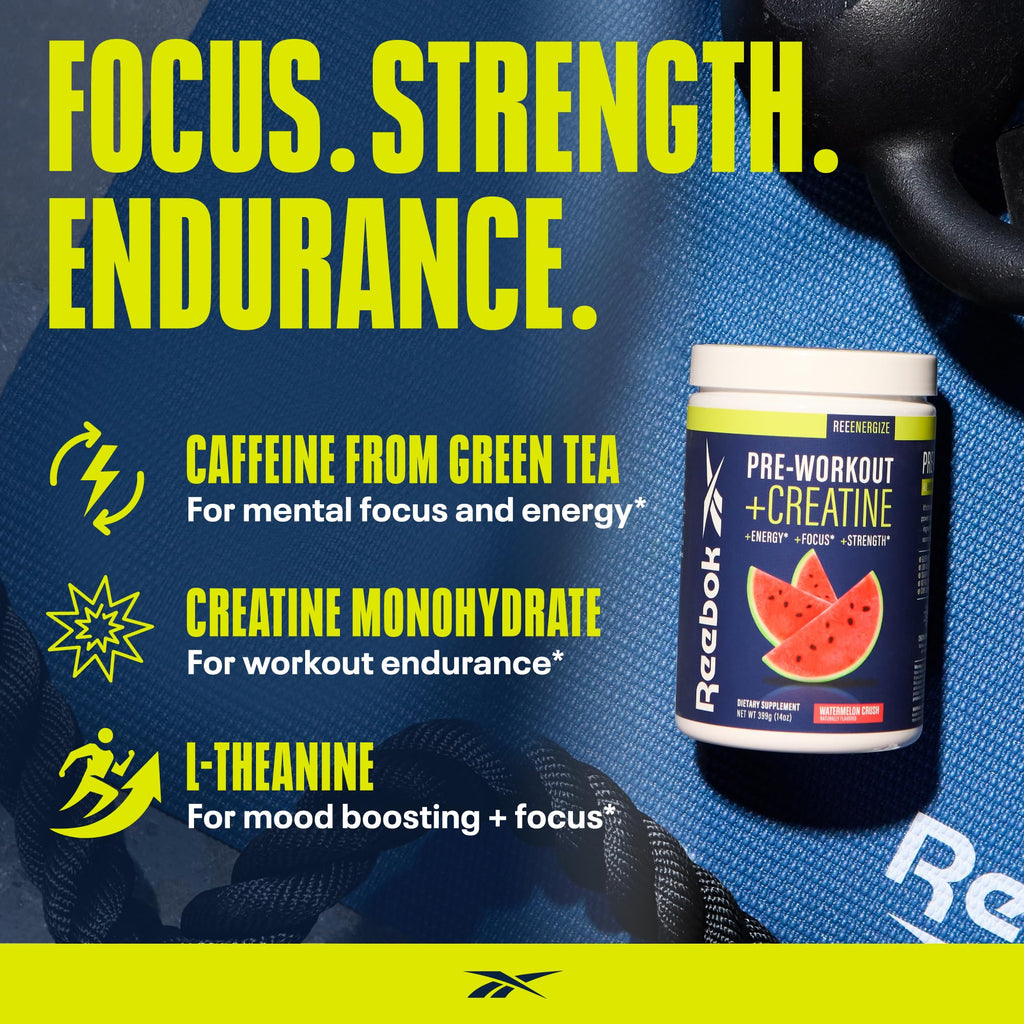 Reebok Pre-Workout Powder | 200mg Natural Caffeine, 3g Creatine Monohydrate | Clean Energy Pre Workout for Strength, Focus & Pump | Informed-Sport Certified | ReeEnergize | Sour Green Apple