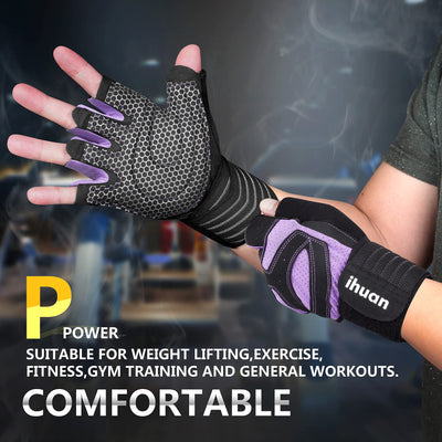 ihuan Ventilated Weight Lifting Gym Workout Gloves with Wrist Wrap Support for Men & Women, Full Palm Protection, for Weightlifting, Training, Fitness, Hanging, Pull ups