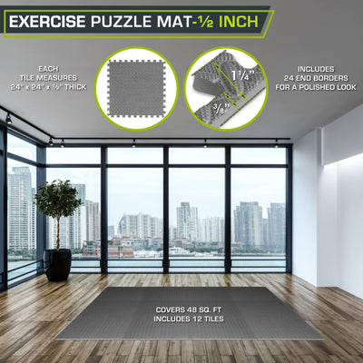 ProsourceFit Puzzle Exercise Mat ½ in, EVA Interlocking Foam Floor Tiles for Home Gym, Mat for Home Workout Equipment, Floor Padding for Kids, Black, 24 in x 24 in x ½ in, 24 Sq Ft - 6 Tiles