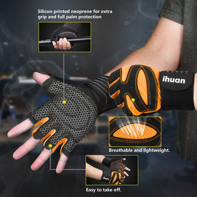 ihuan Ventilated Weight Lifting Gym Workout Gloves with Wrist Wrap Support for Men & Women, Full Palm Protection, for Weightlifting, Training, Fitness, Hanging, Pull ups
