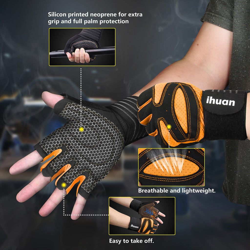 ihuan Ventilated Weight Lifting Gym Workout Gloves with Wrist Wrap Support for Men & Women, Full Palm Protection, for Weightlifting, Training, Fitness, Hanging, Pull ups