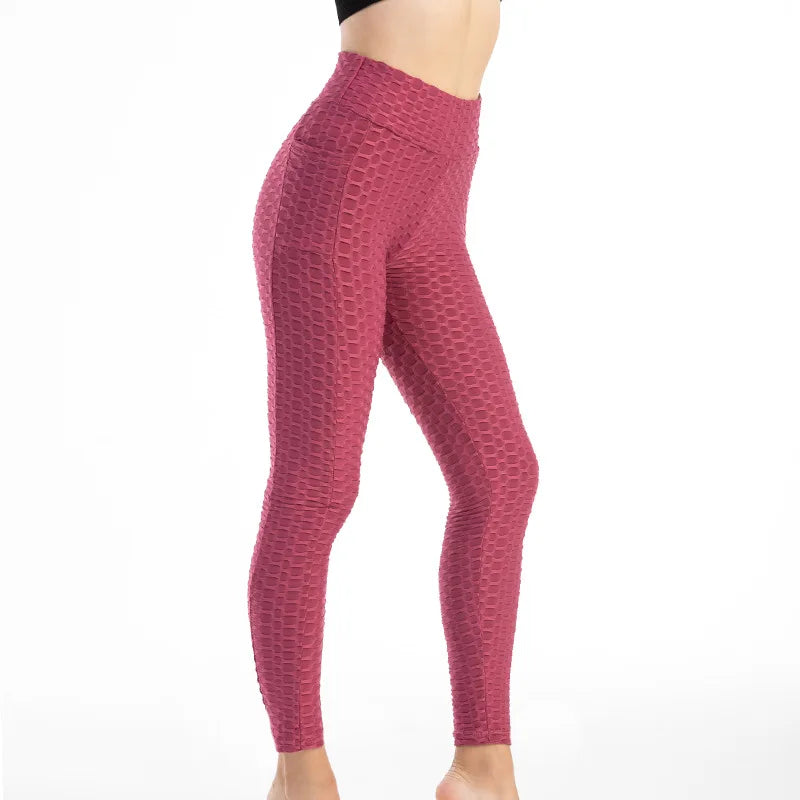 Women Fashion Pocket Bubble Pants Stretchy Slim Leggings Gym Running Cycling Fitness Pants High Waist Hip Lift Leggings Female