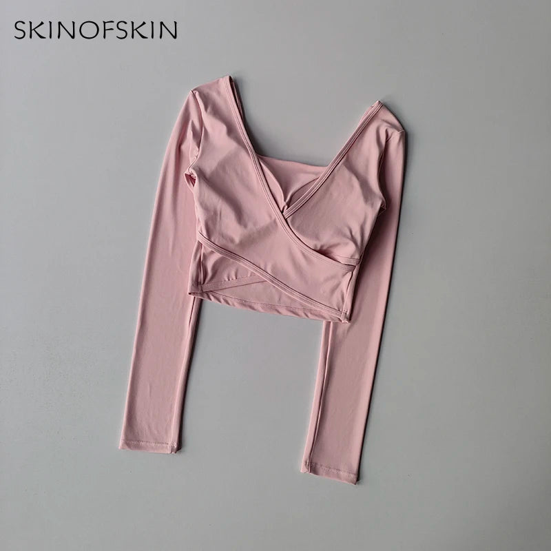Fixed Chest Pads Crossed Back Yoga Clothes Tight Fitting Slimming Sports Long Sleeved Running Pula Fitness Clothes Tops Shirts