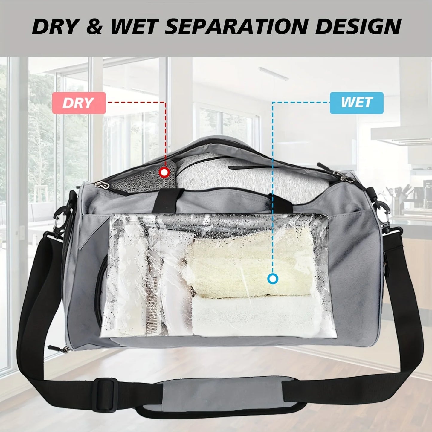 40L Gym Duffel Bag with Wet Pocket & Shoe Compartment - Unisex Weekender Carry On - Lightweight Grey Sports Bag
