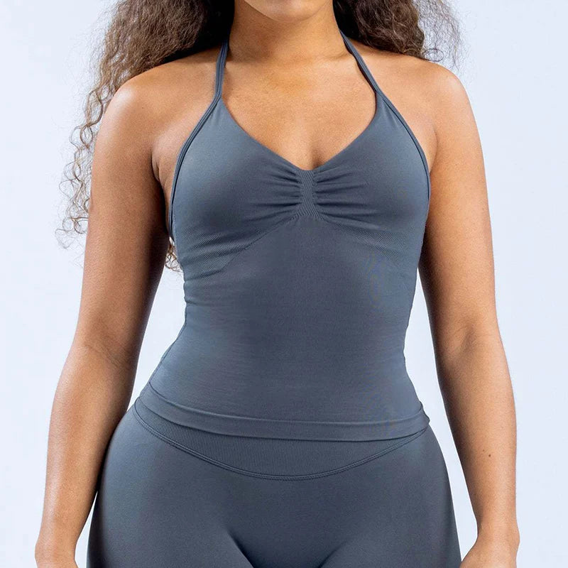 Gym Beautiful Open Back Bra Running Workout Halter Impact Longline Strappy Top Sports Yoga Vest Women's Fitness Tank Top