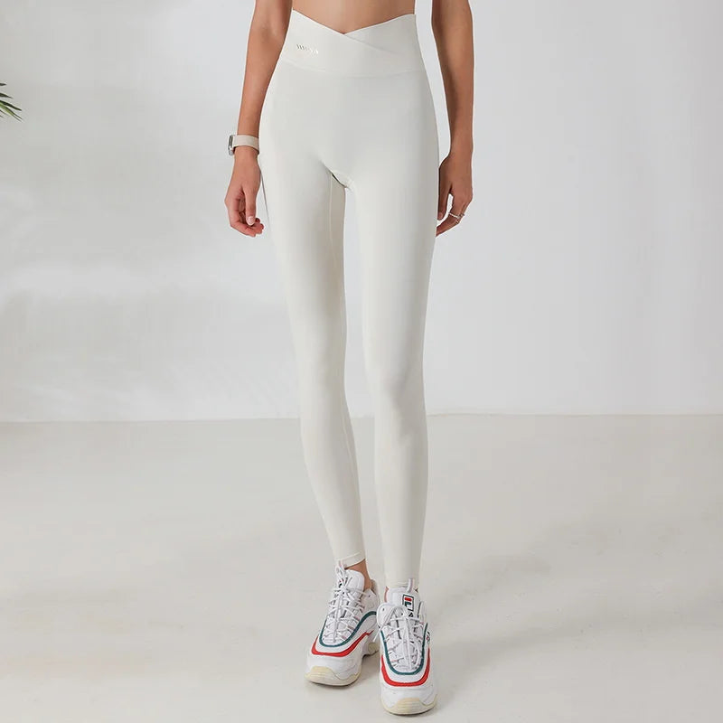 Women V Front Cross over Yoga Pants Soft Nylon Gym Sport Leggings Stretchy Workout Fitness Tights Running Squat Proof Dry Fit