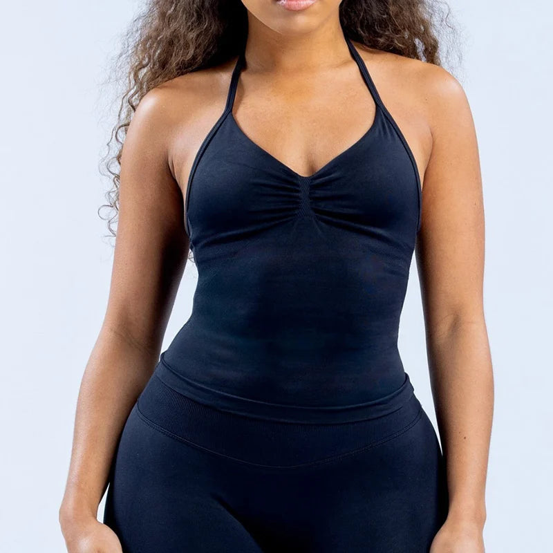 Gym Beautiful Open Back Bra Running Workout Halter Impact Longline Strappy Top Sports Yoga Vest Women's Fitness Tank Top