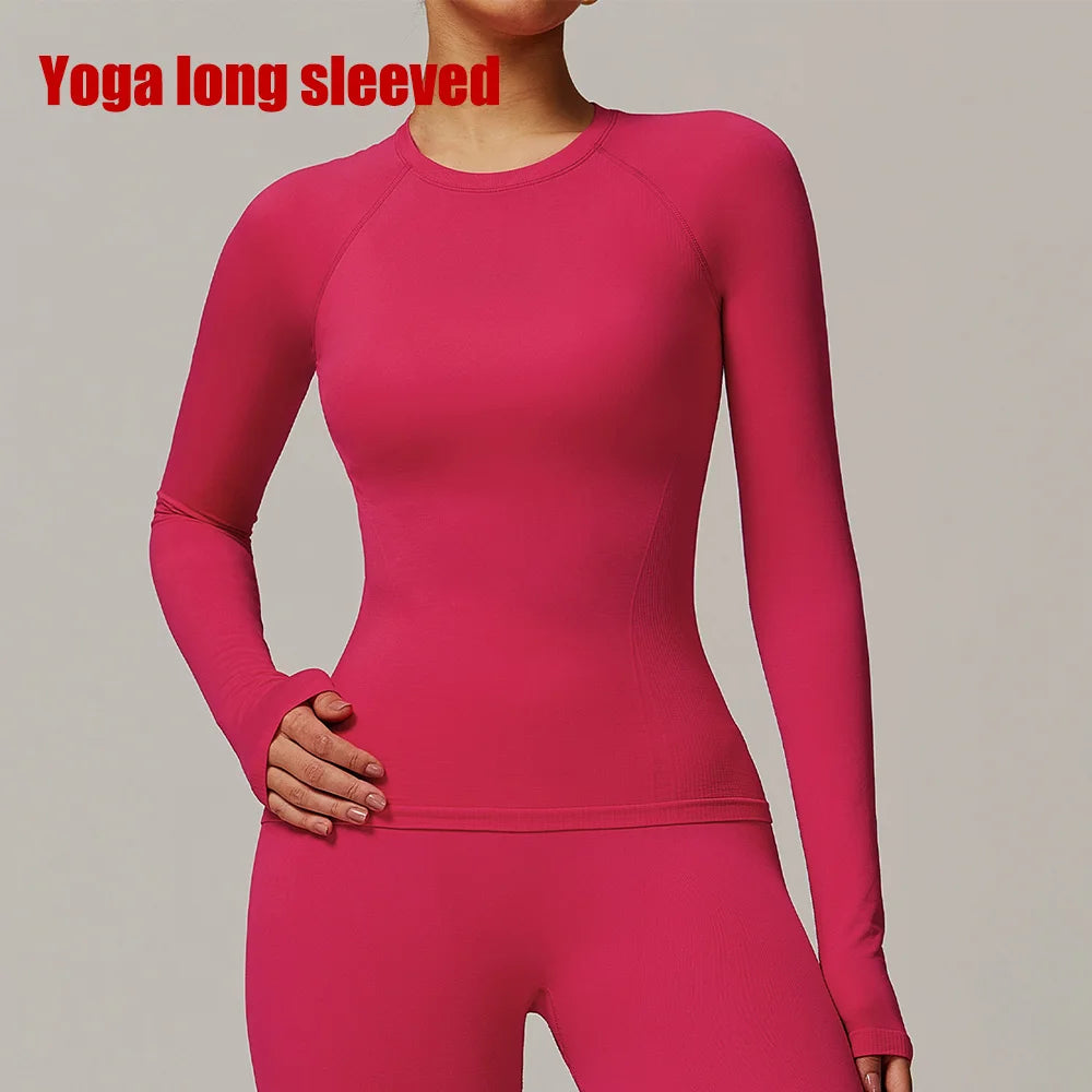 Sexy Women Yoga T-shirts Solid Sports Top Long Sleeve Gym Workout Running Shirts Exposed Navel Quick Dry Fitness Gym Sport Wear