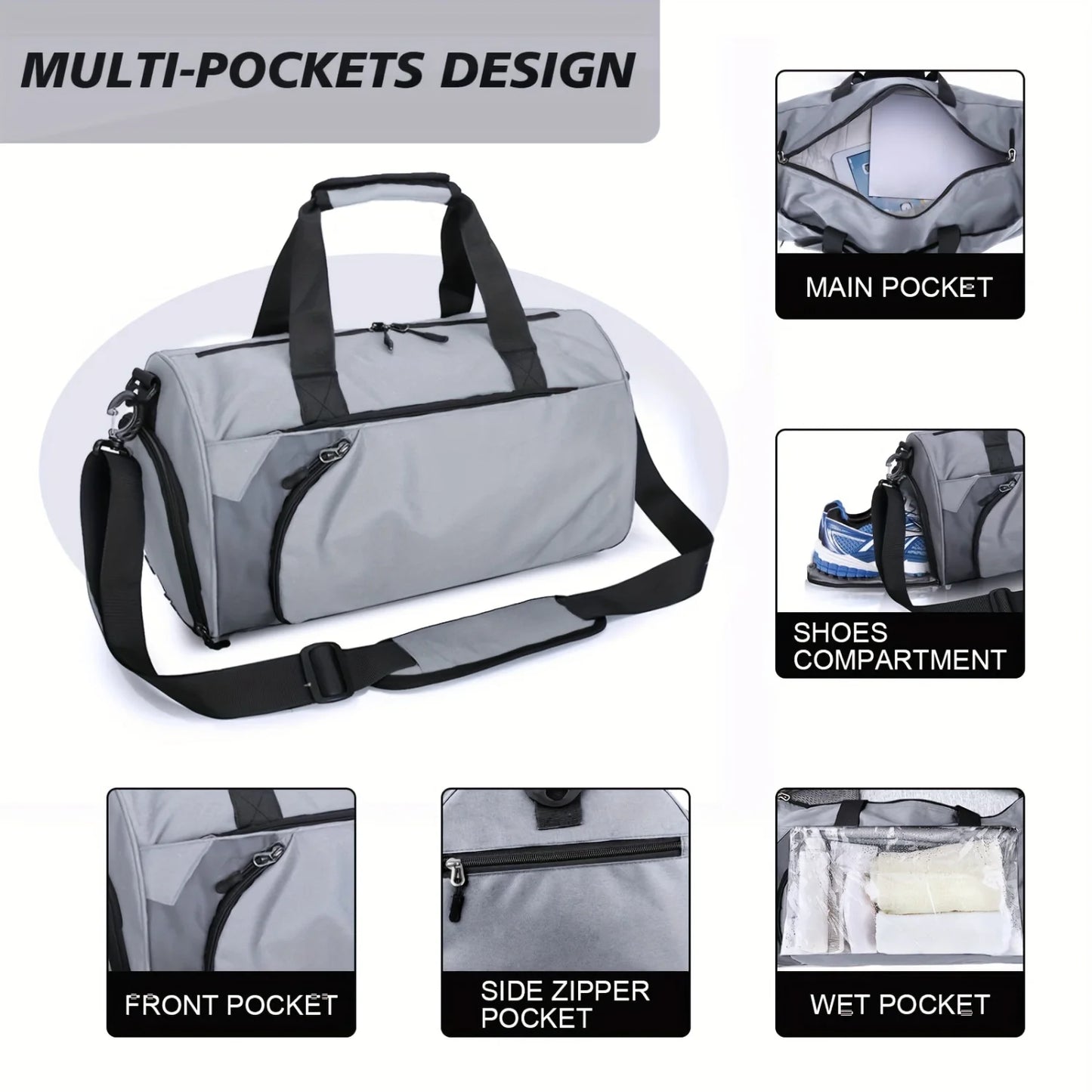 40L Gym Duffel Bag with Wet Pocket & Shoe Compartment - Unisex Weekender Carry On - Lightweight Grey Sports Bag