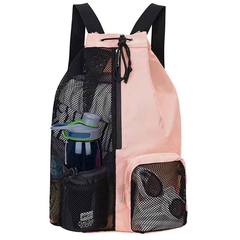Basketball Bag Drawstring Beach Storage Backpacks with Wet Pockets Thickened Mesh Lightweight Comfortable for Outdoor Sports