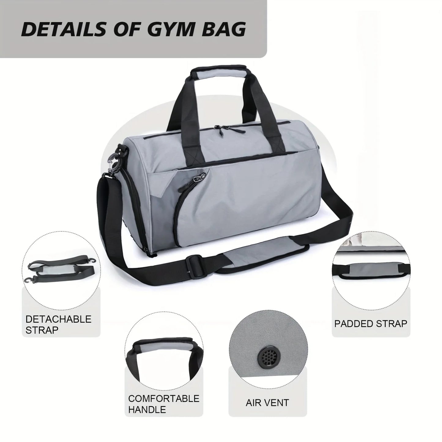 40L Gym Duffel Bag with Wet Pocket & Shoe Compartment - Unisex Weekender Carry On - Lightweight Grey Sports Bag