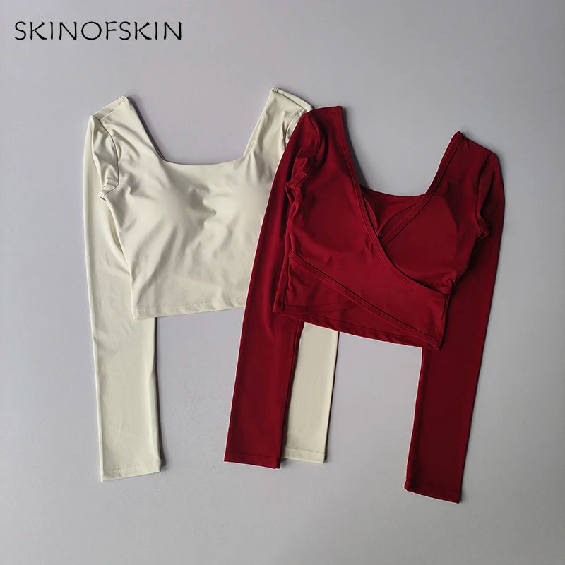 Fixed Chest Pads Crossed Back Yoga Clothes Tight Fitting Slimming Sports Long Sleeved Running Pula Fitness Clothes Tops Shirts