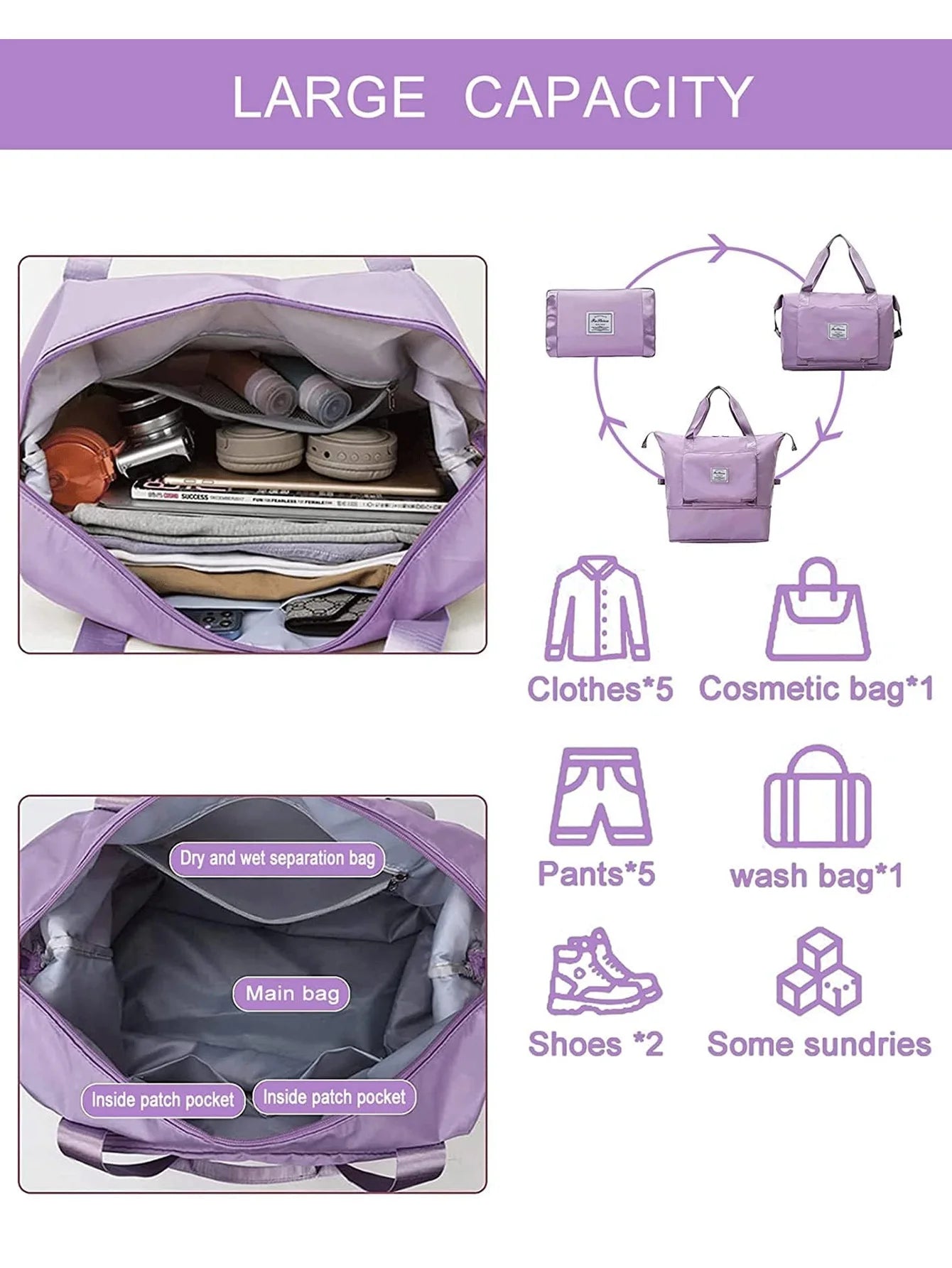 Multifunctional Foldable Fitness Bag Large Capacity Shoulder Bag Sports Handbag Purple Blue Black Pink
