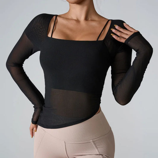 FUBEIKE Long Sleeve Yoga Wear Fashion Cloud Mesh Fixed Cup Sports Sportswear Woman Gym Female Clothing