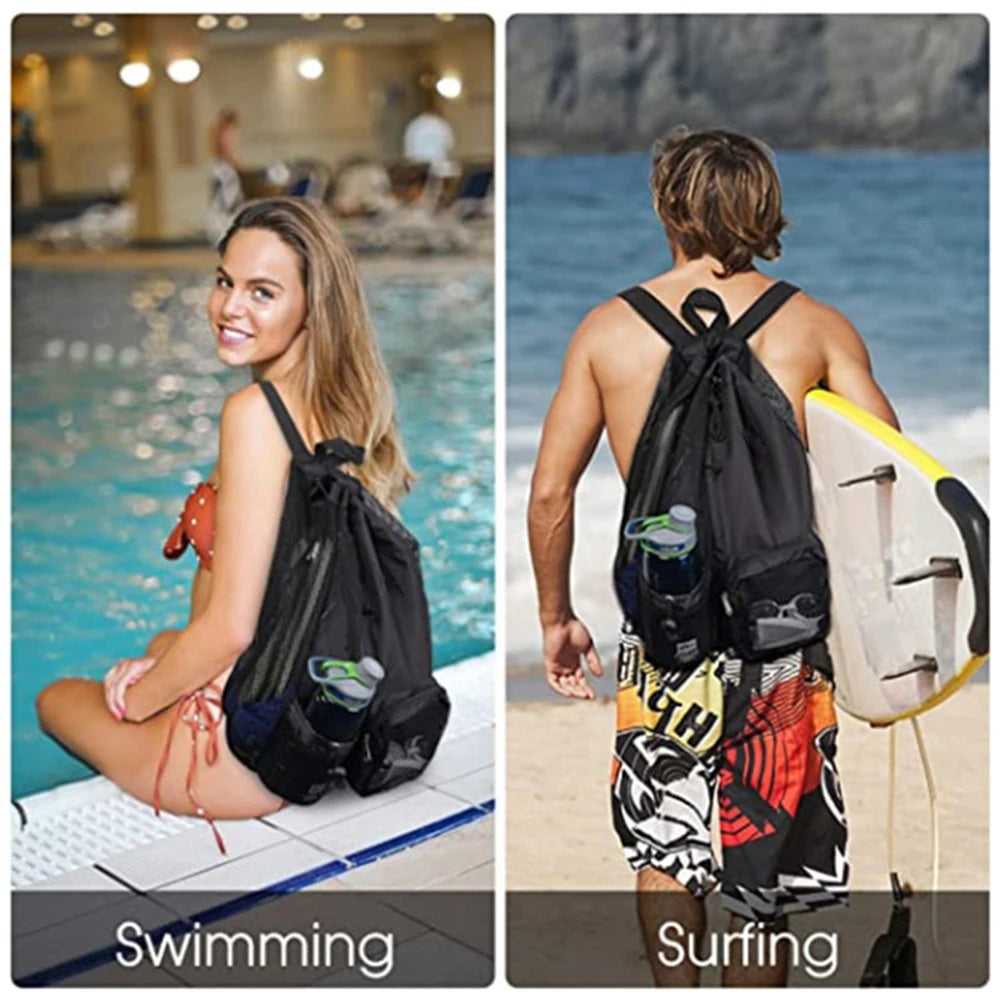 Basketball Bag Drawstring Beach Storage Backpacks with Wet Pockets Thickened Mesh Lightweight Comfortable for Outdoor Sports