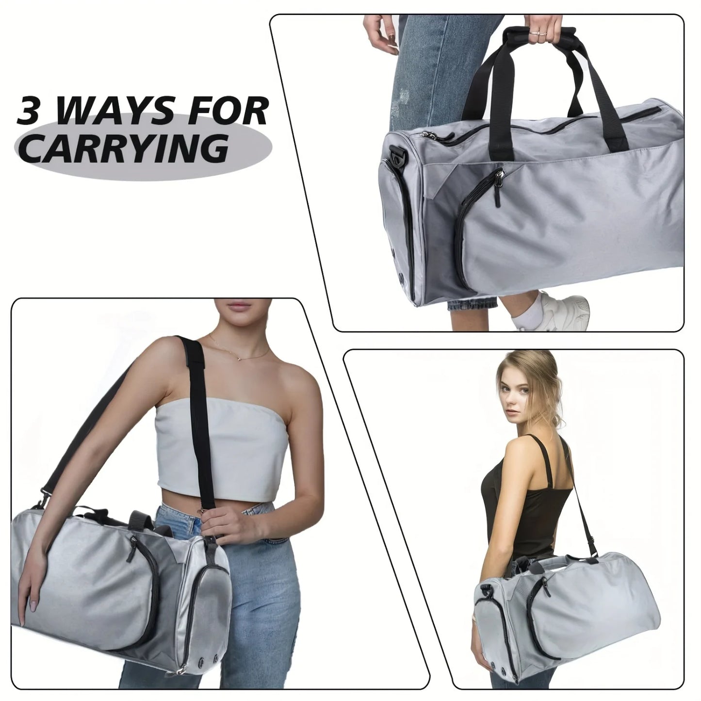 40L Gym Duffel Bag with Wet Pocket & Shoe Compartment - Unisex Weekender Carry On - Lightweight Grey Sports Bag