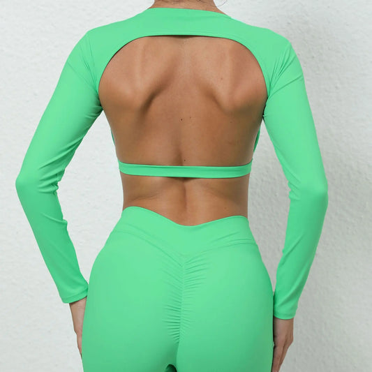Women Workout Gym Crop Top New Long Sleeve Yoga Shirts Exercise Padded Yoga Tops Scrunch Bust Gym Clothes Push Up Active Wear