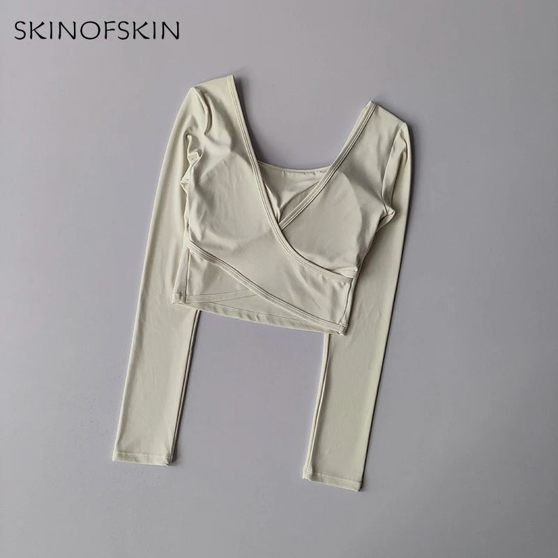 Fixed Chest Pads Crossed Back Yoga Clothes Tight Fitting Slimming Sports Long Sleeved Running Pula Fitness Clothes Tops Shirts