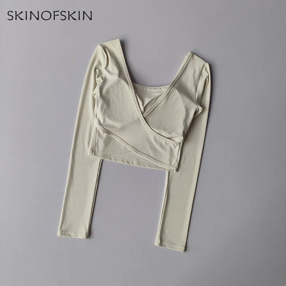 Fixed Chest Pads Crossed Back Yoga Clothes Tight Fitting Slimming Sports Long Sleeved Running Pula Fitness Clothes Tops Shirts
