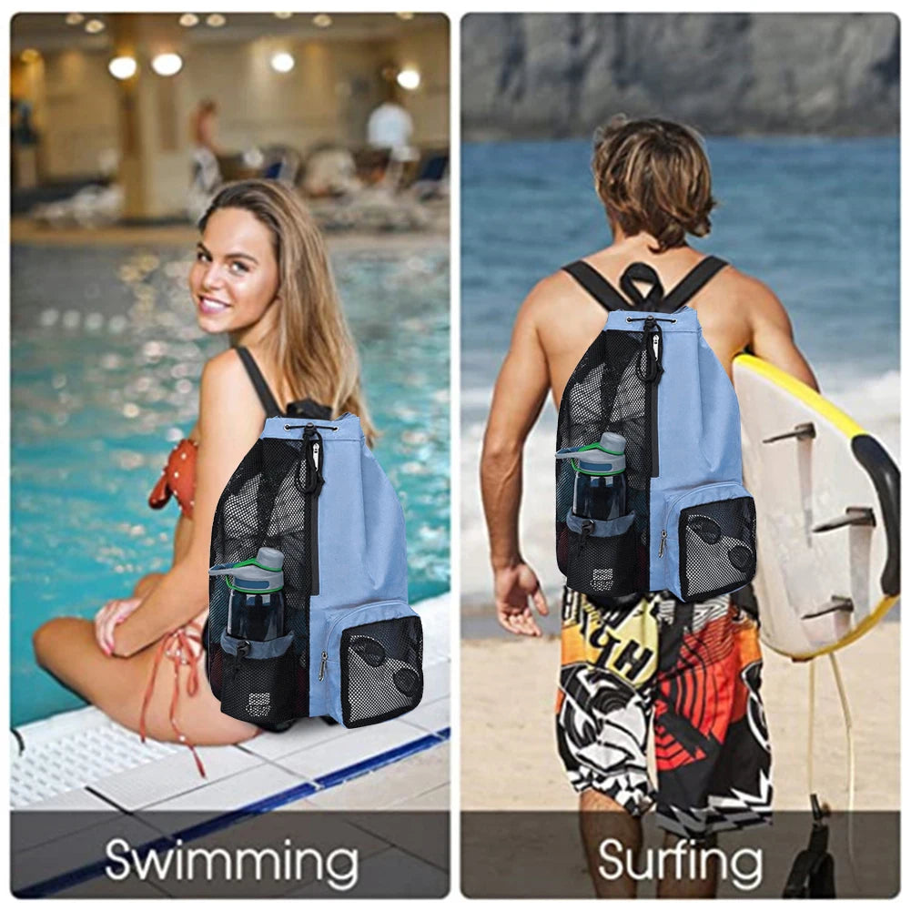 Basketball Bag Drawstring Beach Storage Backpacks with Wet Pockets Thickened Mesh Lightweight Comfortable for Outdoor Sports