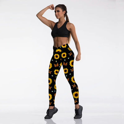 Sunflower Butterfly Print High Waist Sport Leggings