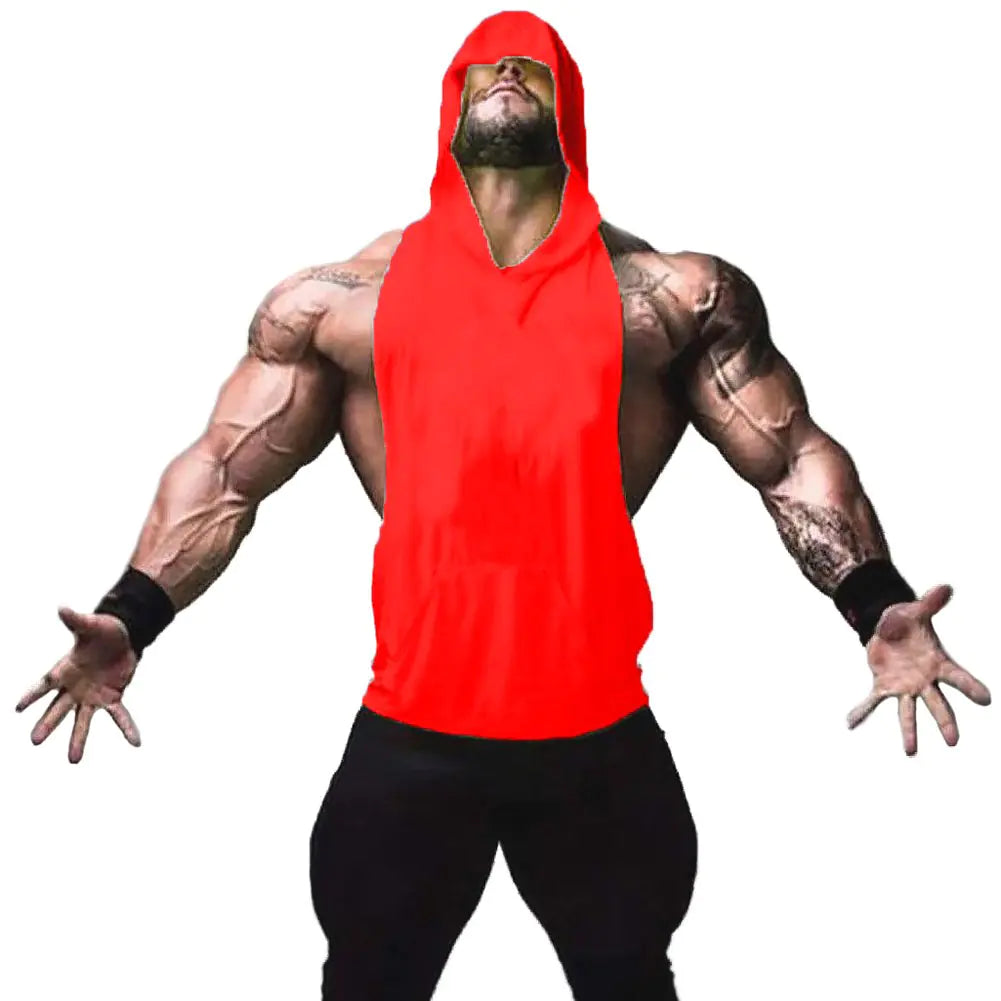 ZUEVI Mens Muscle Sleeveless Hoodies Tank Tops Gym Workout Hooded Bodybuilding Stringer T Shirt (Red-M)
