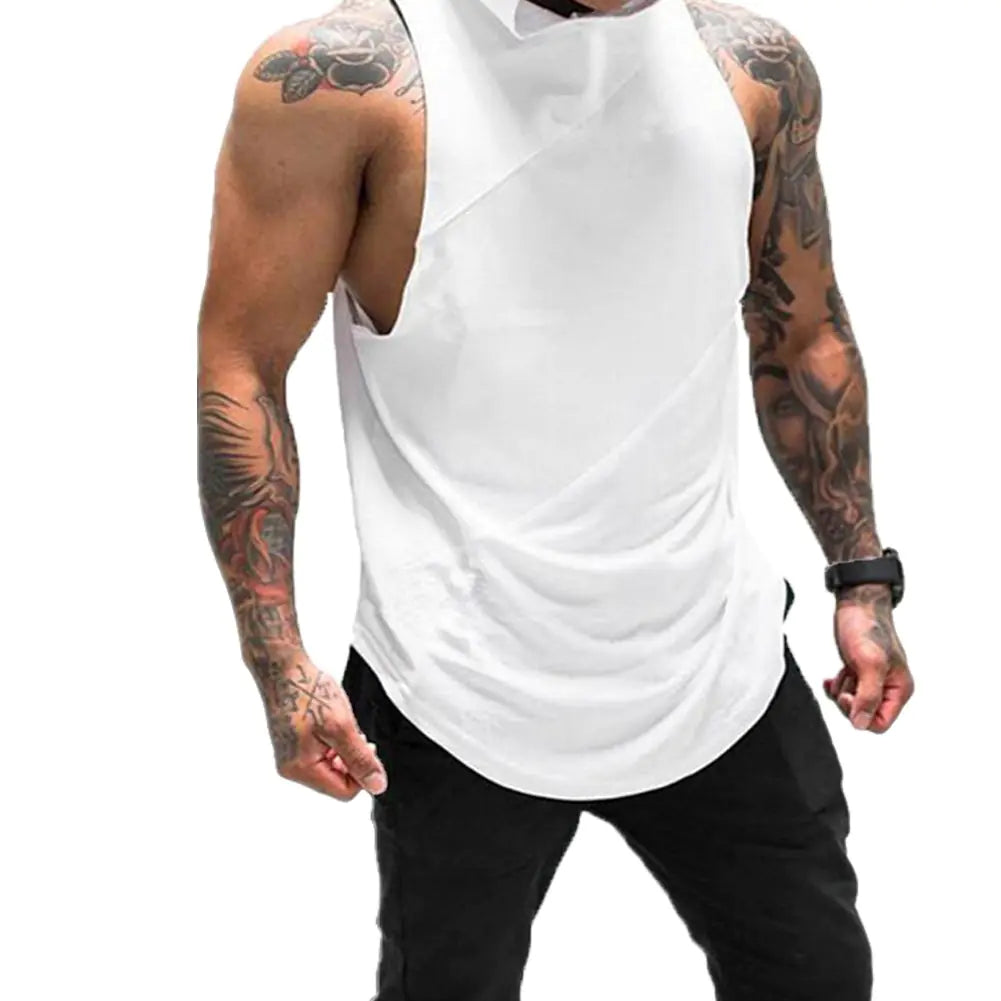 ZUEVI Men's Sleeveless Gym Hoodie - Cotton/Poly Tank Top (White-L)