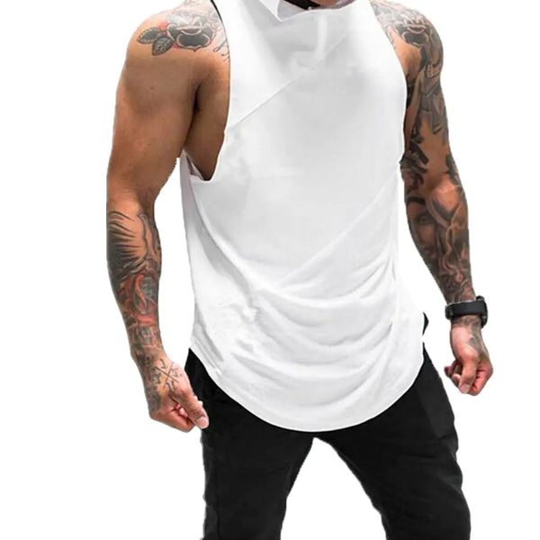 ZUEVI Men's Sleeveless Gym Hoodie - Cotton/Poly Tank Top (White-L)