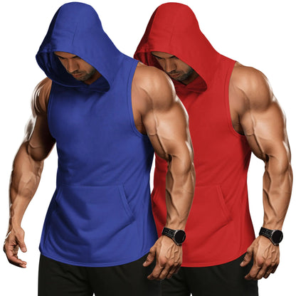 COOFANDY Men's Dual 2-Pack Workout Hooded Tank Tops