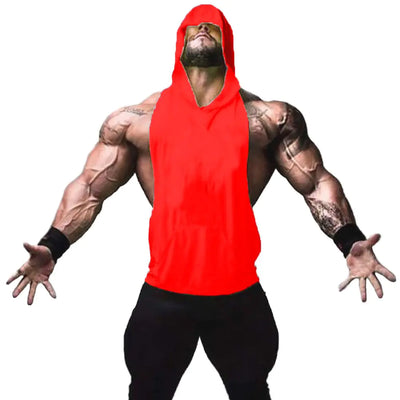 ZUEVI Mens Muscle Sleeveless Hoodies Tank Tops Gym Workout Hooded Bodybuilding Stringer T Shirt (Red-M)